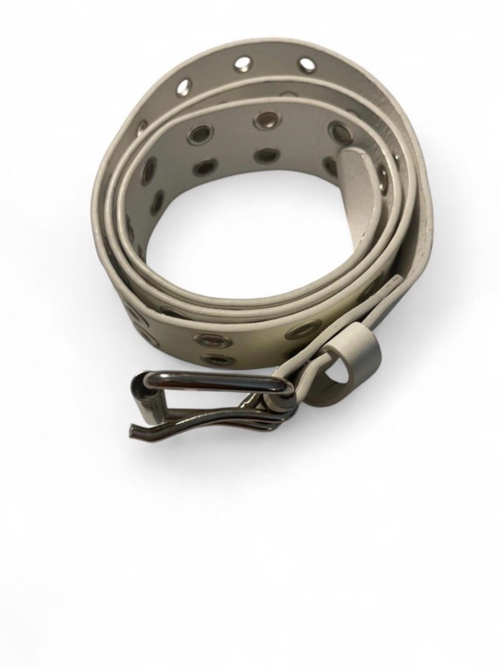 Y2K White Faux Leather Double Grommet Belt - 39” Long
